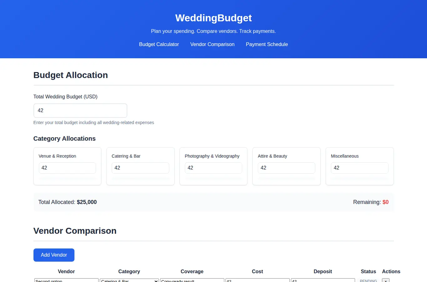 Screenshot of WeddingBudget - Wedding Budget Allocation Calculator interface showing the project page in use